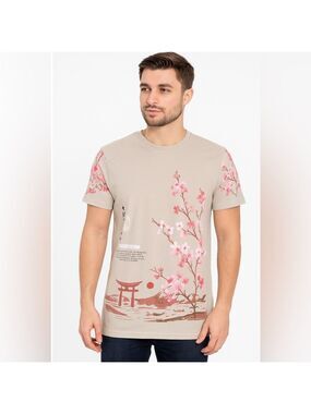 Fresh Laundry Japanese Cherry Blossom T-Shirt Men’s S Beige Pink Graphic
